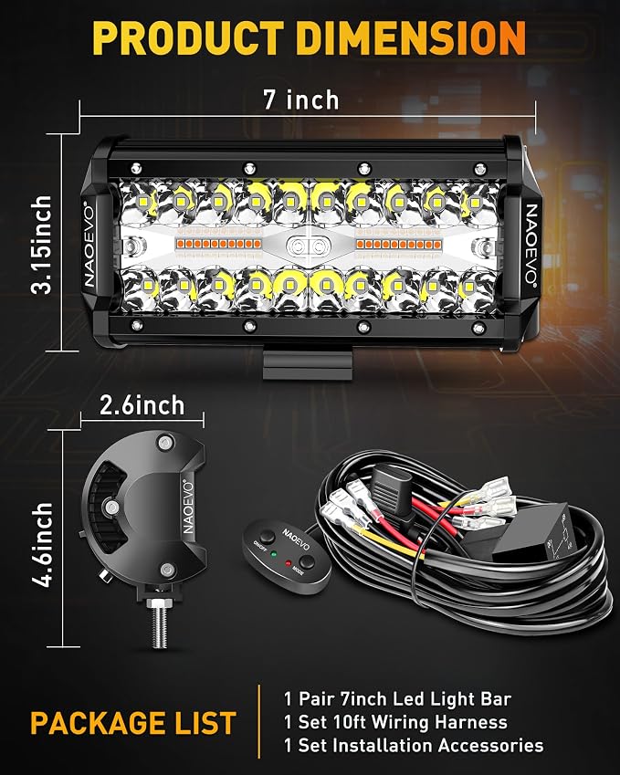 NAOEVO 7 Inch LED Light Bar, 2 Leads Wiring Harness Included, Work - Image 8