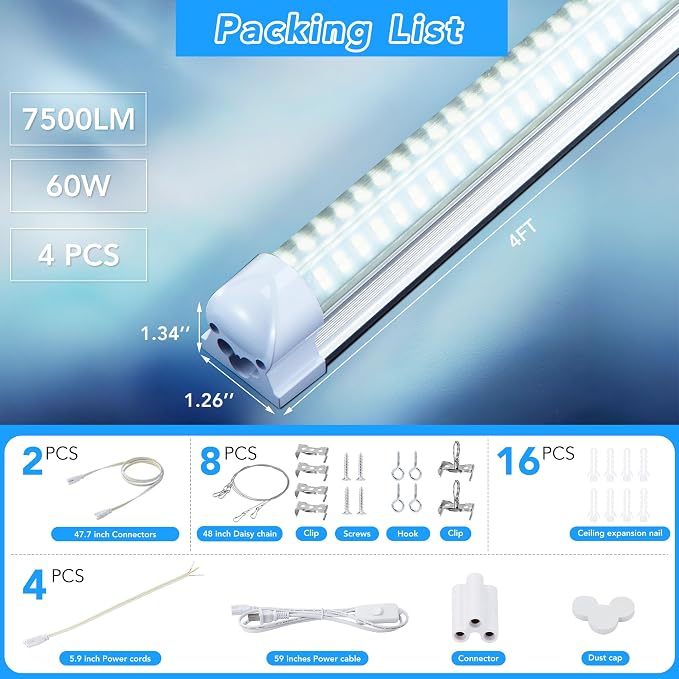T8 LED Shop Lights 4FT, 4 Pack 60W 9600LM 6000K Daylight White, Linkable - Image 5