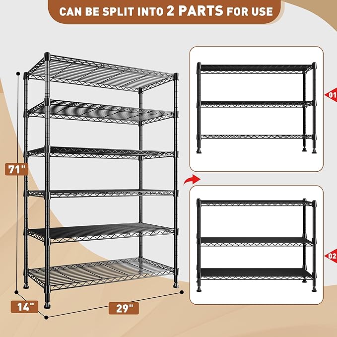 REIBII 71" H Storage Shelves 6 Tier Wire Shelving Unit 1200LBS Metal Shelves - Image 3