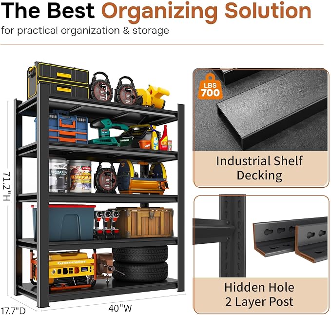 40" W Metal Garage Shelving Unit 3500LBS Metal Storage Shelves 5 Tier - Image 2