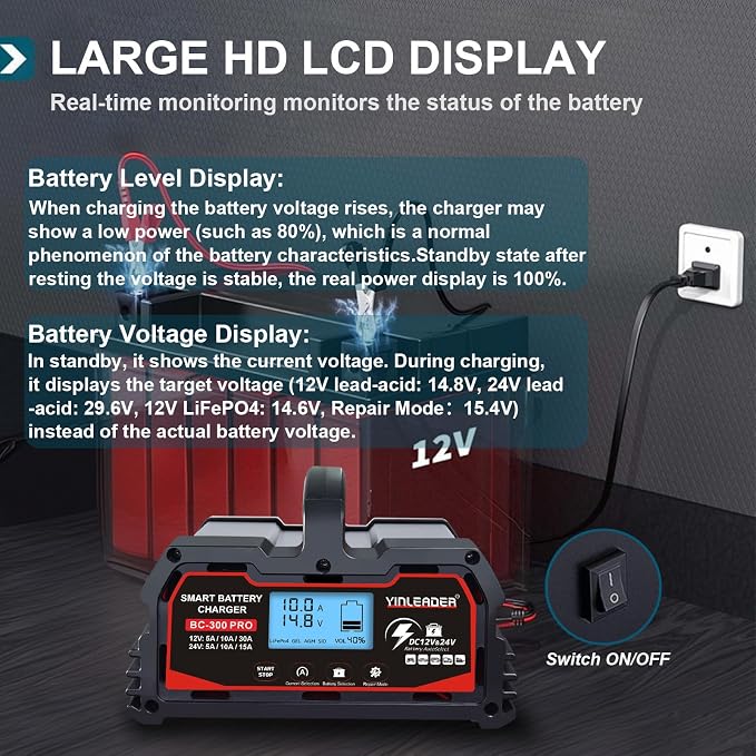 Battery Charger 30A, 12V/24V Lead Acid Smart Battery Charger, 12V LiFePO4 Car - Image 6