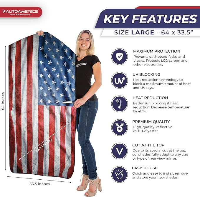 Autoamerics 1-Piece Windshield Sun Shade Grunge American Flag - Image 2