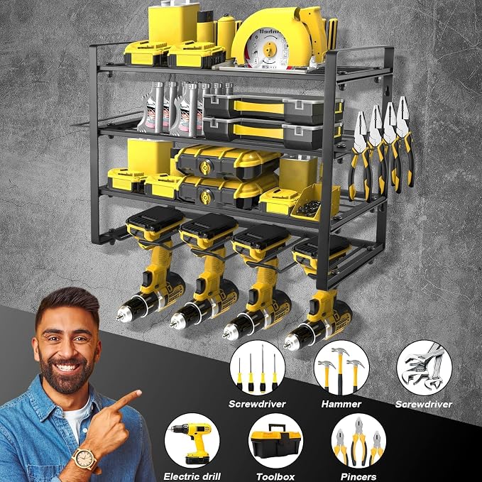 4 Layers Power Tool Organizer Wall Mount, Garage Wall Shelving, 4 Drill Holder - Image 2