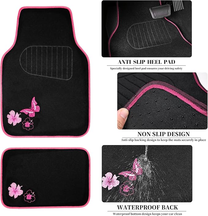 CAR PASS Embroidery Butterfly Steering Wheel Cover and Waterproof Car Floor Mats - Image 4