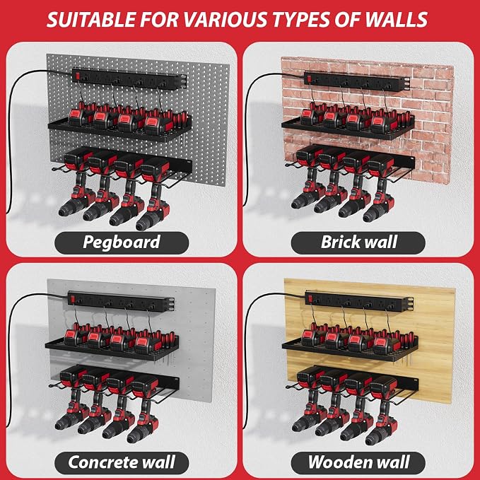 Power Tool Organizer With Charging Station, Wall Mount Drill Holder, - Image 5