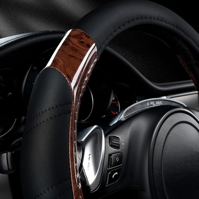 CAR PASS Wood Grain Microfiber Leather Sporty 14.5-15 inch Steering Wheel Cover - Image 2