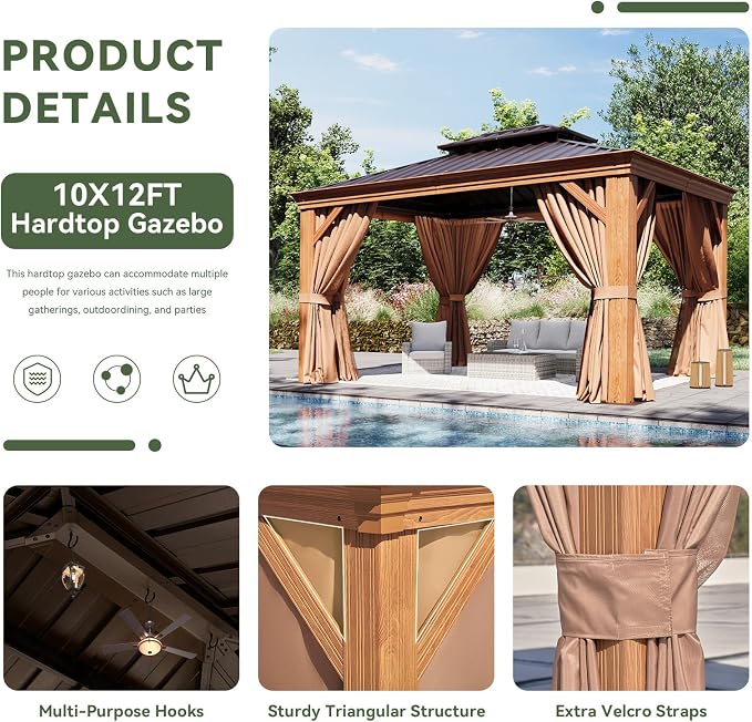 Aoxun 10' x 12' Hardtop Gazebo, Wooden Finish Coated Aluminum Frame Canopy - Image 5