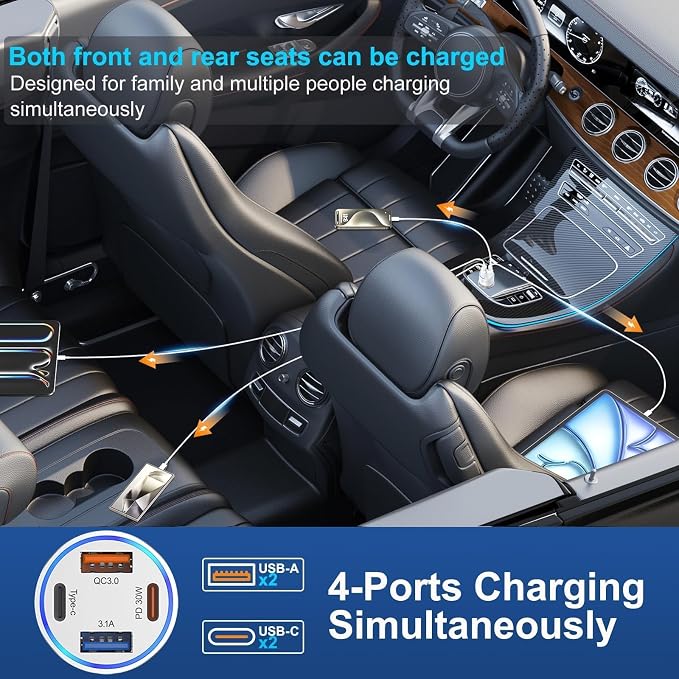 65W Car Phone Charger USB C, 5 Pack 4-Port Cigarette Lighter Adapter, 12V USB C - Image 4