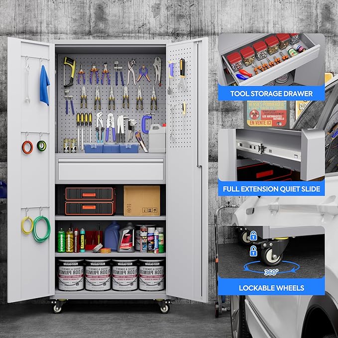 Garage Storage Cabinet with Locking Doors and 2 Adjustable Shelves, Pegboard - Image 4