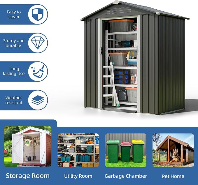 JY QAQA 5x3 FT Metal Outdoor Garden Storage Shed, Waterproof Metal Garden Sheds - Image 4