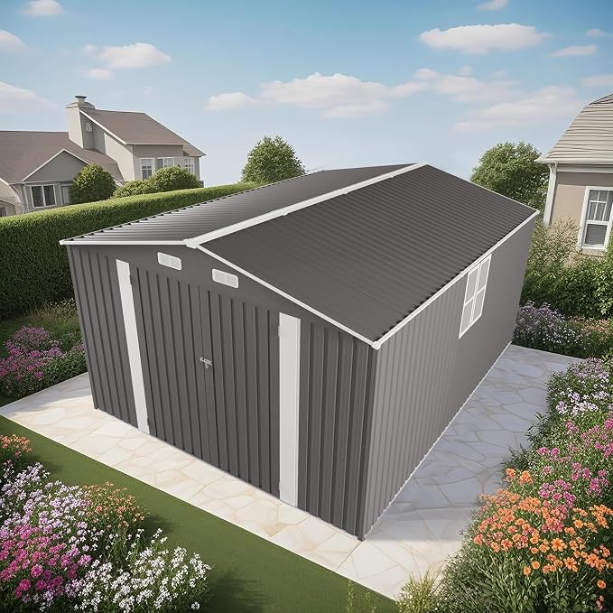 10 x 14 FT Large Outdoor Storage Shed w/ 2 Windows, Heavy Duty Metal Garden - Image 2