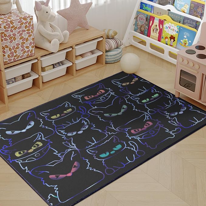 Black Play Cat Rug for Playroom for Boys Girls 3x4 Funny Cute Cat Cartoon Decor - Image 6