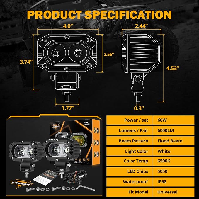 Auxbeam 4 Inch LED Light Pods, 60W Square Offroad Driving Light Super Bright - Image 4