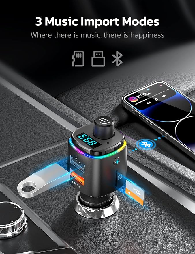 Nulaxy Bluetooth FM Transmitter, QC3.0 Fast Charge Bluetooth Car Adapter - Image 3