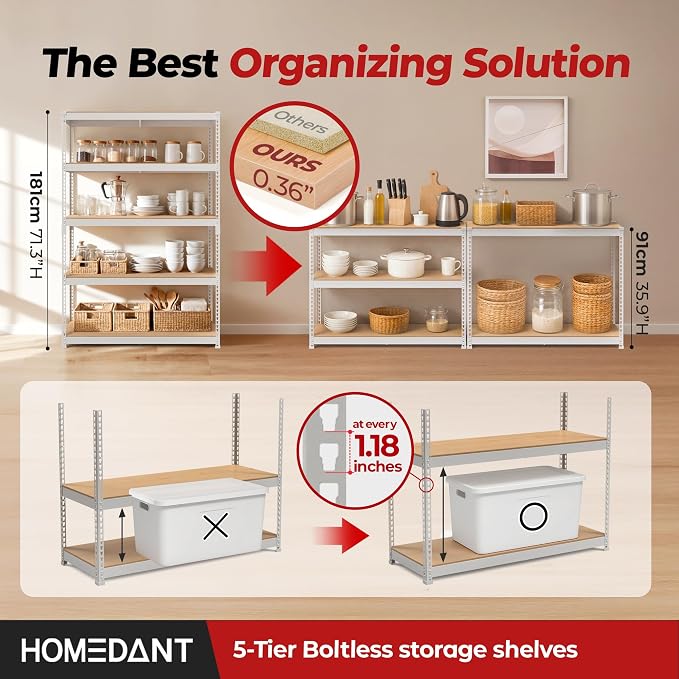 HOMEDANT White 5 Tier Laminated Boltless Heavy Duty Garage Storage Adjustable - Image 3