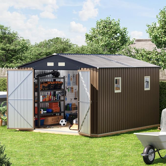 10x12 FT Outdoor Metal Storage Shed, Double Swing Doors, 2 Clear Windows - Image 7