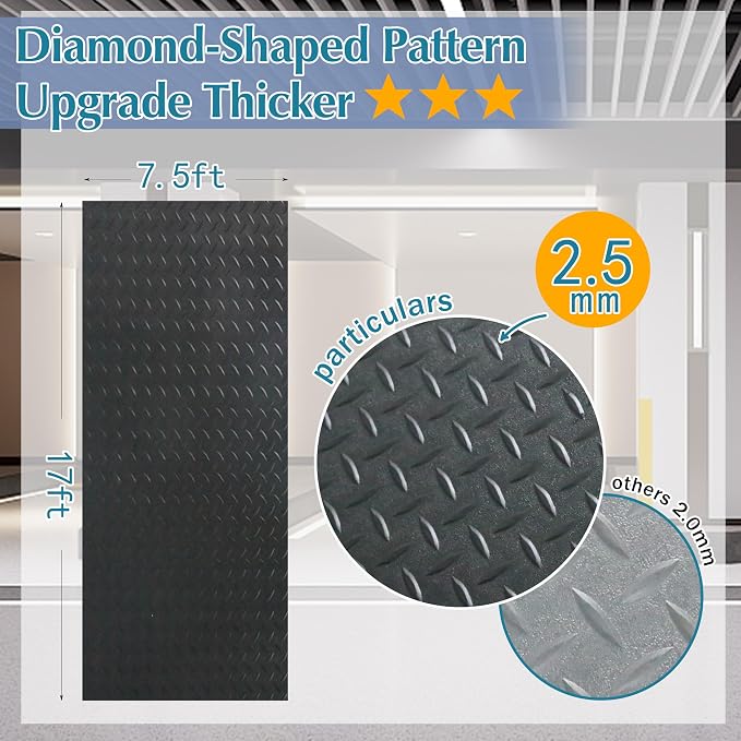 7.5 x 17 FT Garage Floor Mat, 2.5 mm Thickness Diamond PVC Garage Flooring Roll - Image 6