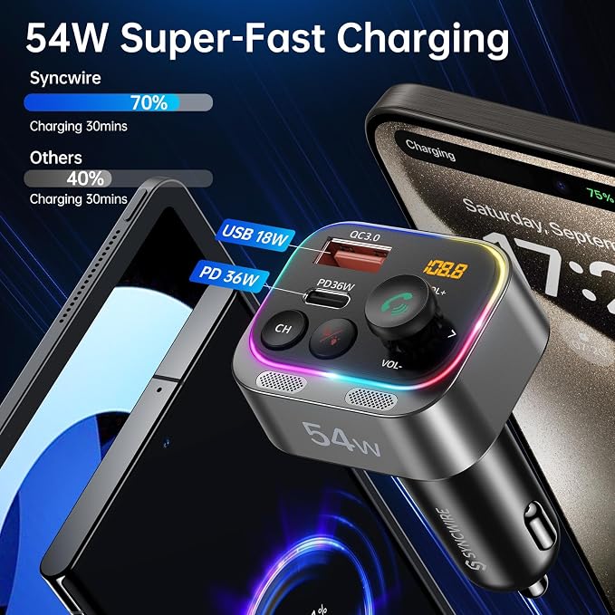Syncwire Bluetooth 5.4 FM Transmitter Car Adapter 54W Wireless Radio Receiver - Image 3