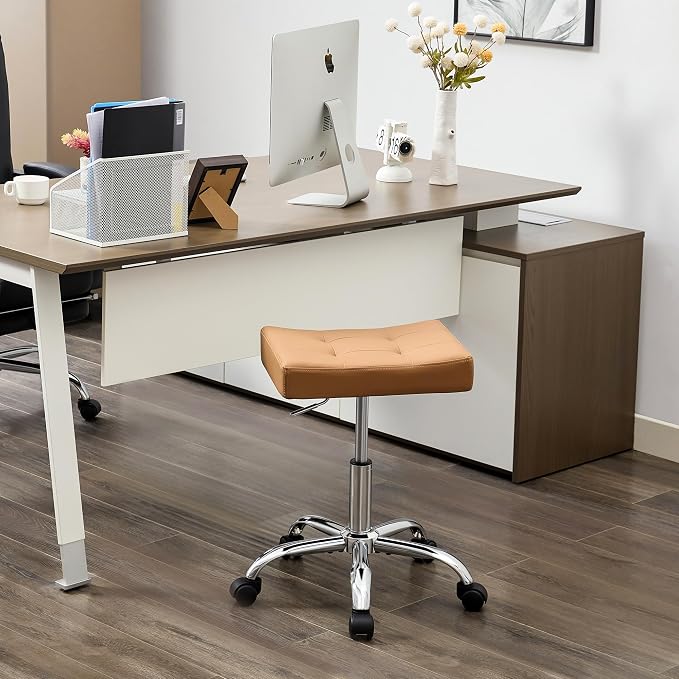 Office Stool with Wheels Brown Faux Leather Workbench Stool - Image 8