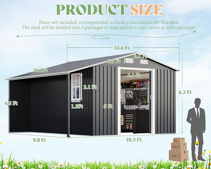 Jocisland 10.6x10.3x6.3 FT Galvanized Metal Storage Shed - Image 2