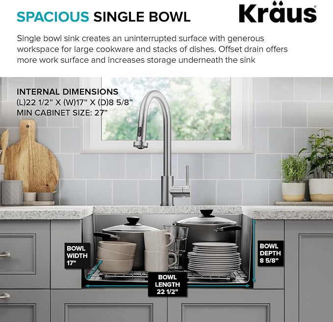 KRAUS Fairlane 25-inch Undermount Single Bowl 18-Gauge Stainless Steel Kitchen - Image 8