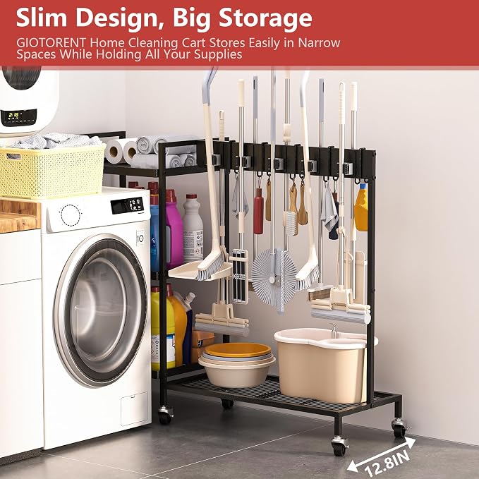 GIOTORENT Heavy Duty Metal Cleaning Cart - 300lb Capacity Rolling Broom Holder - Image 4