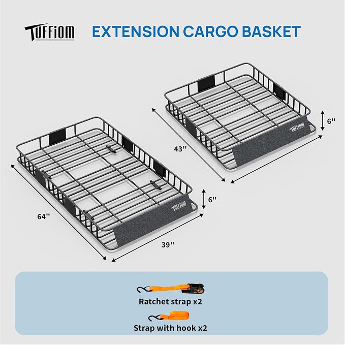 TUFFIOM 64"x 39"x 6" Universal Rooftop Cargo Carrier Basket, Extendable Steel - Image 2