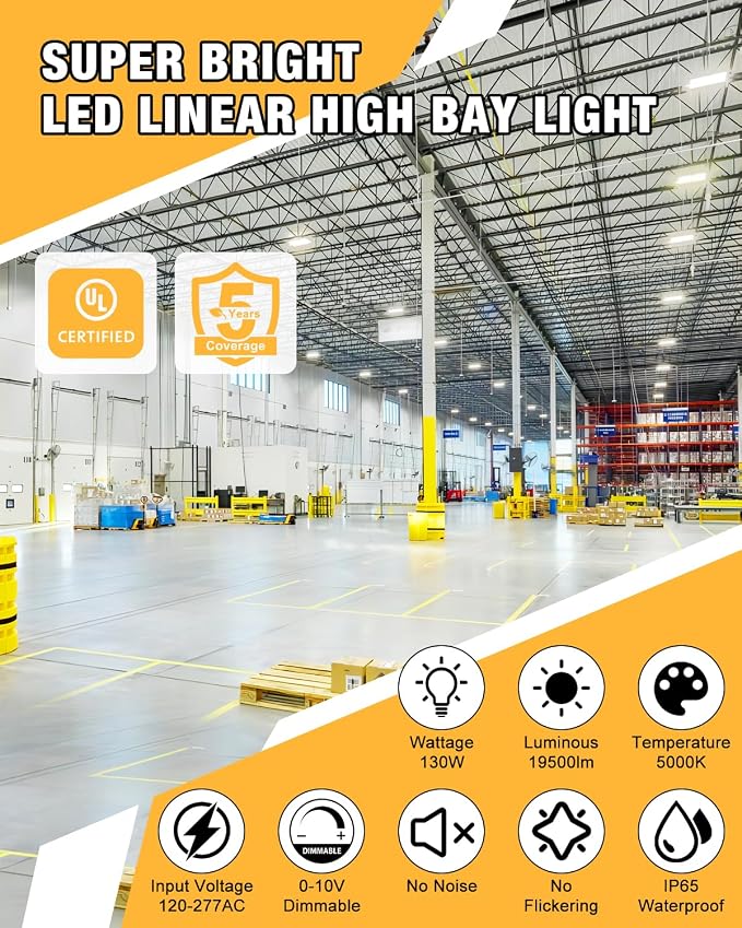 LED Linear High Bay Light, 130W 19500LM High Bay LED Shop Lights, 0-10V - Image 2
