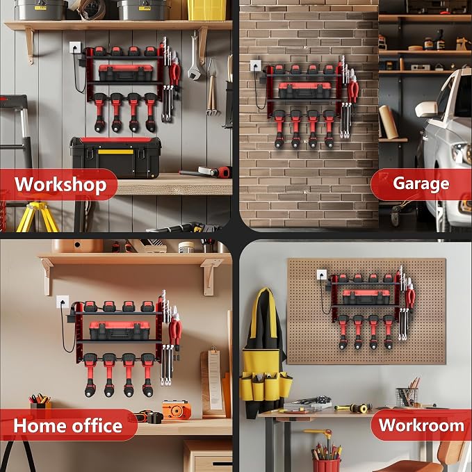 Power Tool Organizer Wall Mount – Adjustable Shelf, Side-Mounted 4-Outlet - Image 9
