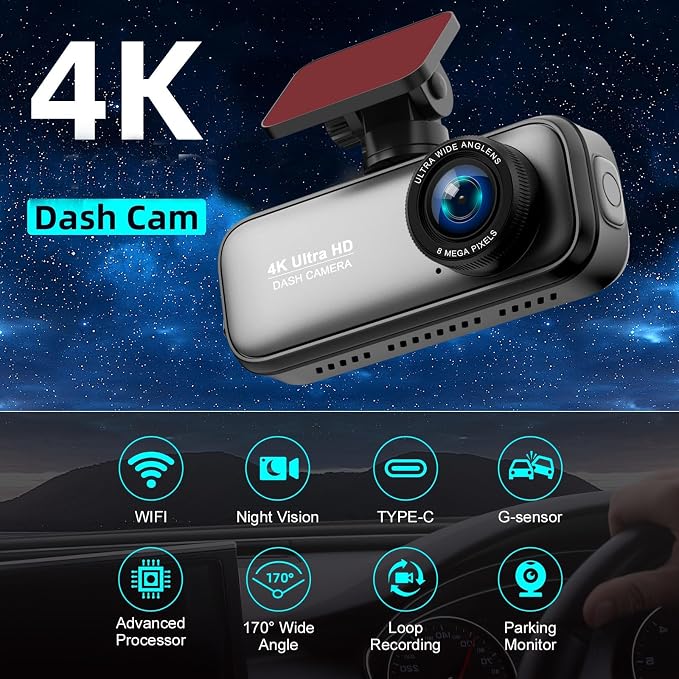 Dash Cam Front and Rear with 64GB Card, 4K+1080P Dual Dash Camera - Image 2