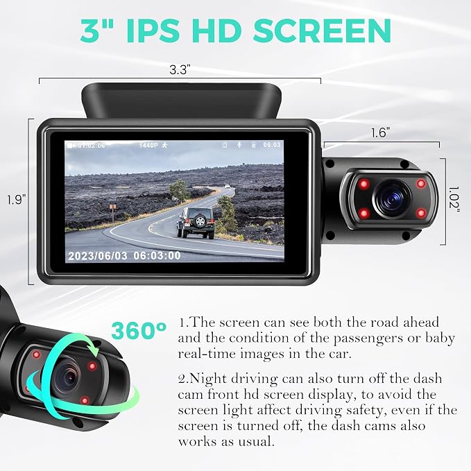 Dual Dash Camera for Cars, Dash Cam Front and Inside, 1440P Dashcam Front + - Image 6