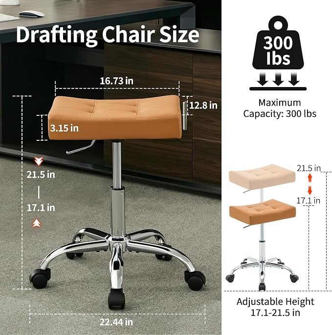 Office Stool with Wheels Brown Faux Leather Workbench Stool - Image 2