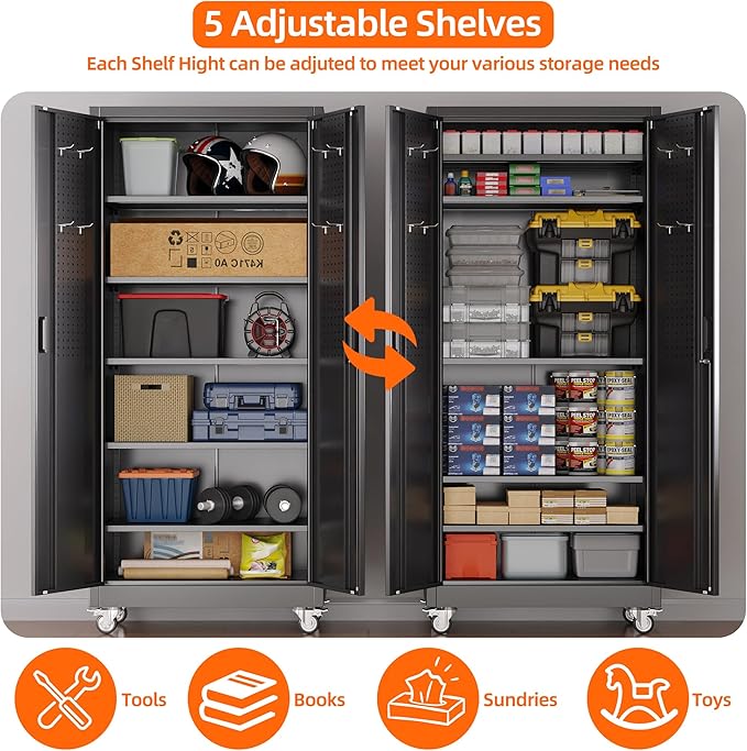 Garage Storage Cabinet with Wheels Pegboard and 5 Adjustable Shelves, Tool - Image 5