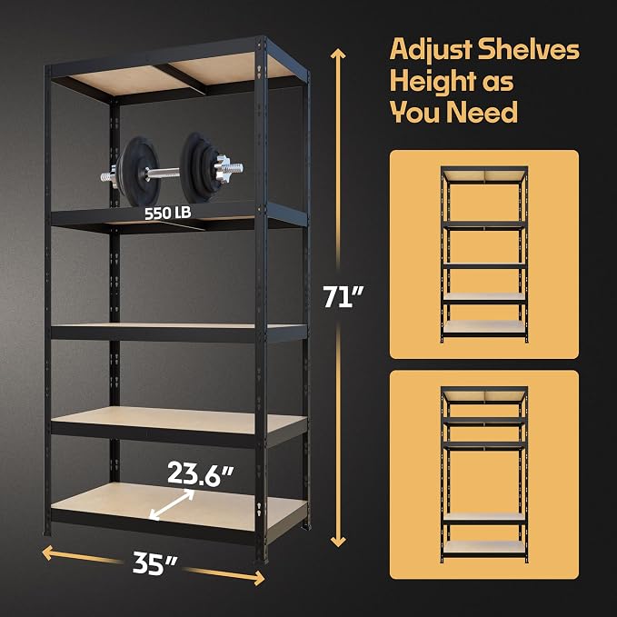Storage Shelves: 5 Storage Shelves Heavy Duty w/ 2, 750 lb Total Load Capacity - Image 2