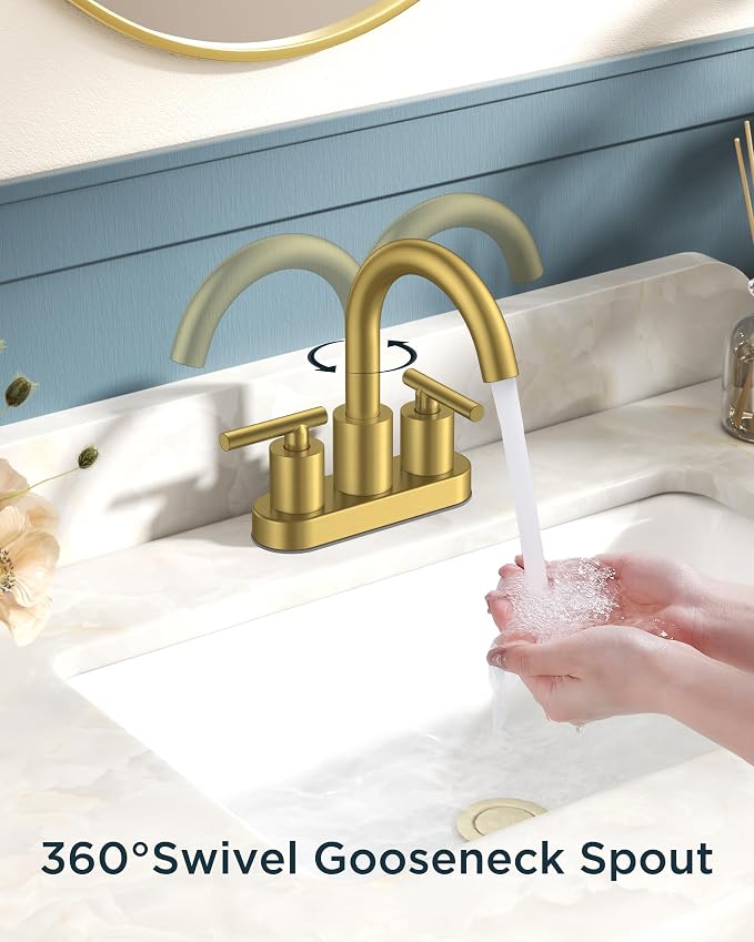 FORIOUS 4" Brushed Gold Bathroom Faucet Centerset 4 Inch, 2 Handle 2 Hole Gold - Image 2