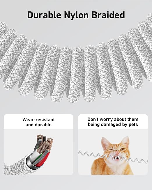 USB C to C Cable 6ft for Car, Coiled Braided USB Type C Cable 66W Fast Charging - Image 6