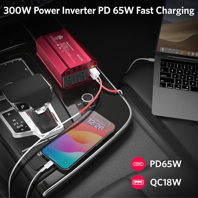 300W Car Power Inverter, USB-C PD65W QC 18W Converter Car Charger, DC 12V to - Image 3