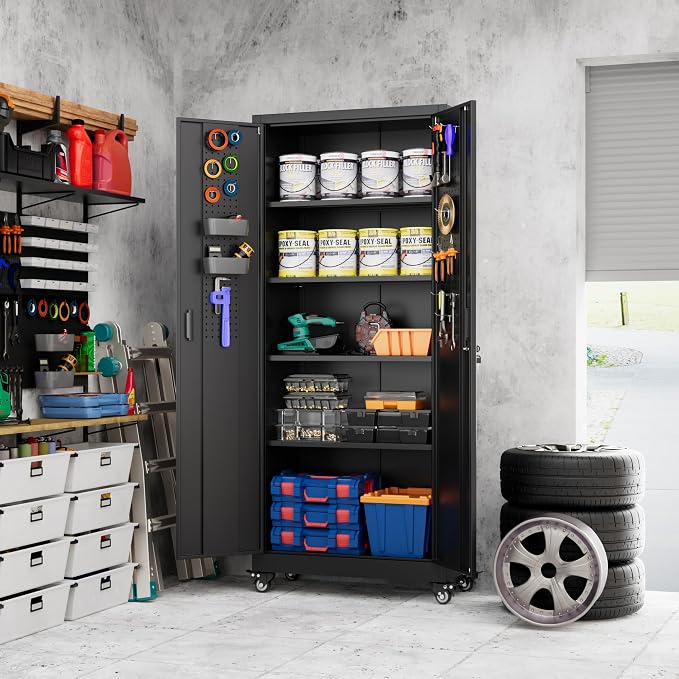 Metal Storage Cabinet with Wheels, Pegboard and 4 Hooks, Assembly Required - Image 2