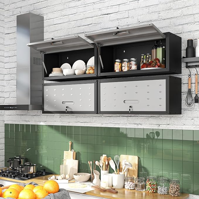 Garage Wall Cabinet with Flip-Up Door, Lockable Metal Storage Cabinet Wall - Image 5