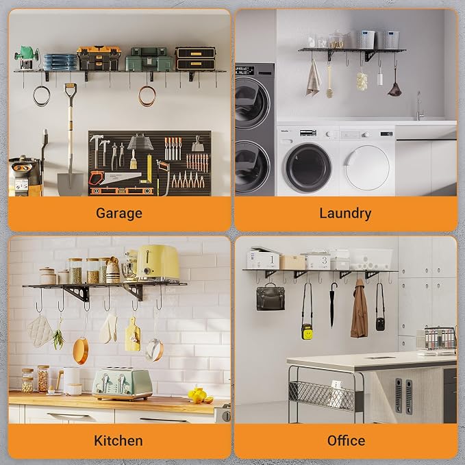 1x4 ft Garage Shelving with 6 Bike Hooks, Pantry Storage, 150 lbs Total Load - Image 7