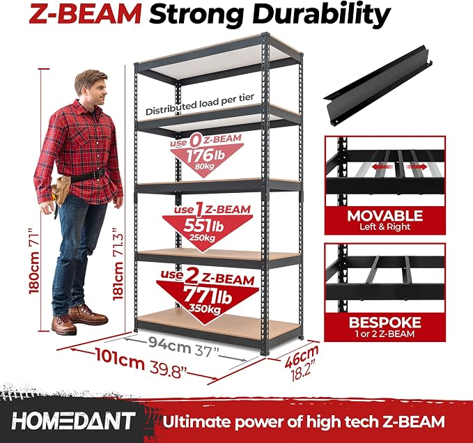 HOMEDANT 5-Tier Laminated Boltless Heavy Duty Metal Shelving Unit Adjustable - Image 2