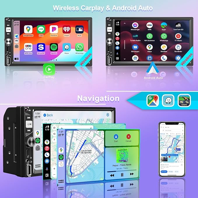 7” Wireless Apple CarPlay Double Din Car Stereo, FM Car Radio, IPS Touchscreen - Image 2