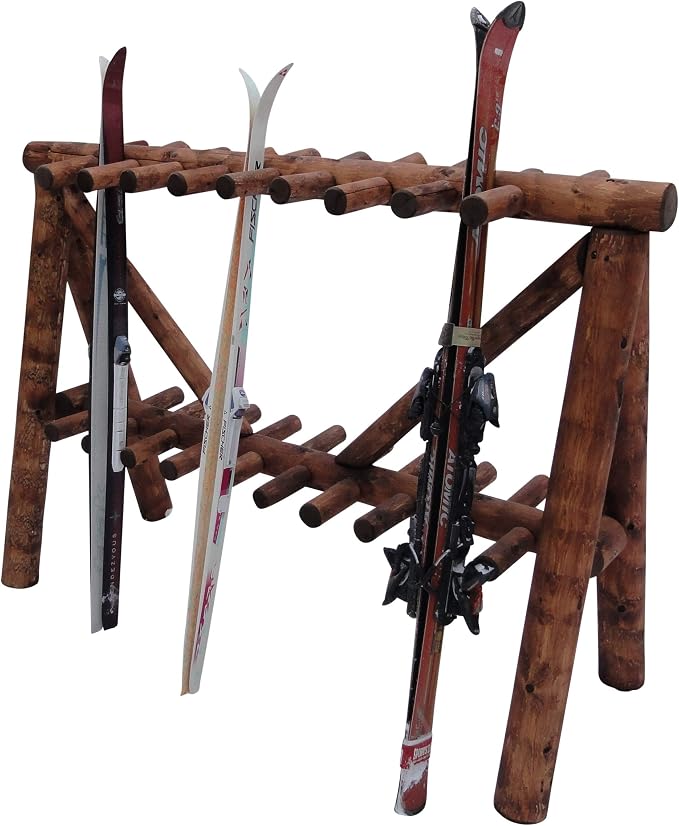 21-Place Freestanding Log Ski Rack Holder, Indoor & Outdoor Snowboard Racks by LogKayakRack