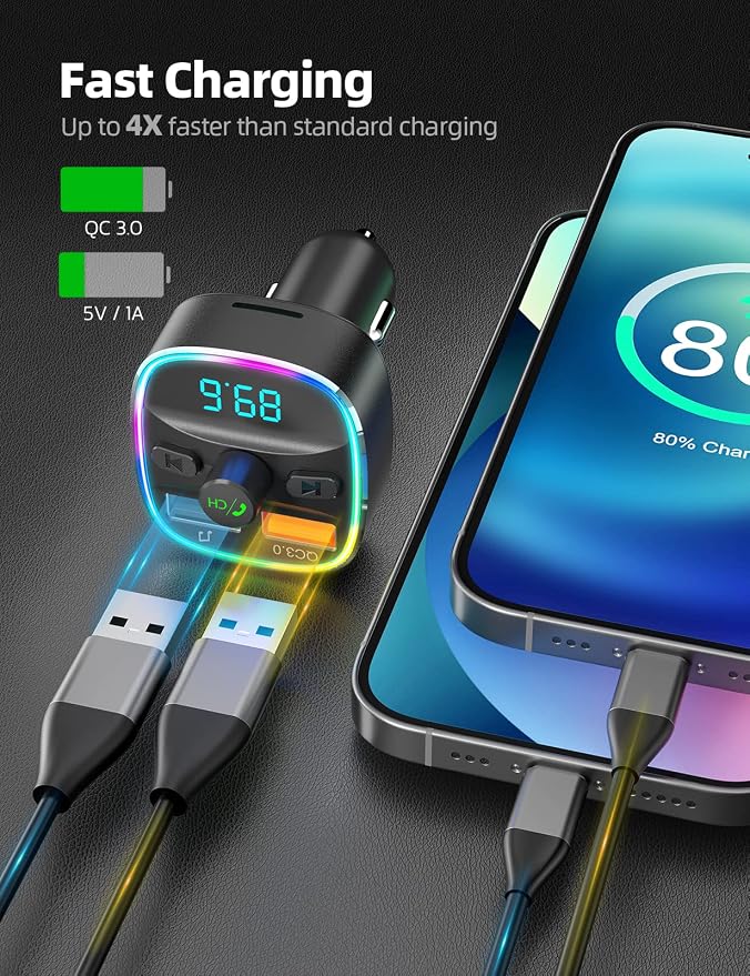 Nulaxy Bluetooth FM Transmitter, Hands-Free Calling, 7 Colors Led Backlit Light - Image 3