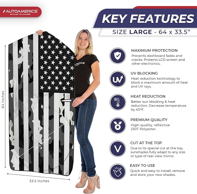 Autoamerics 1-Piece Windshield Sun Shade B&W Camo American Flag USA Design - Image 2