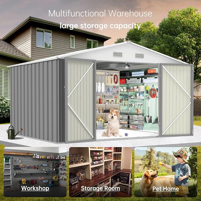 10X12FT Outdoor Metal Storage Shed, Lockable Weatherproof Garden Shed - Image 6