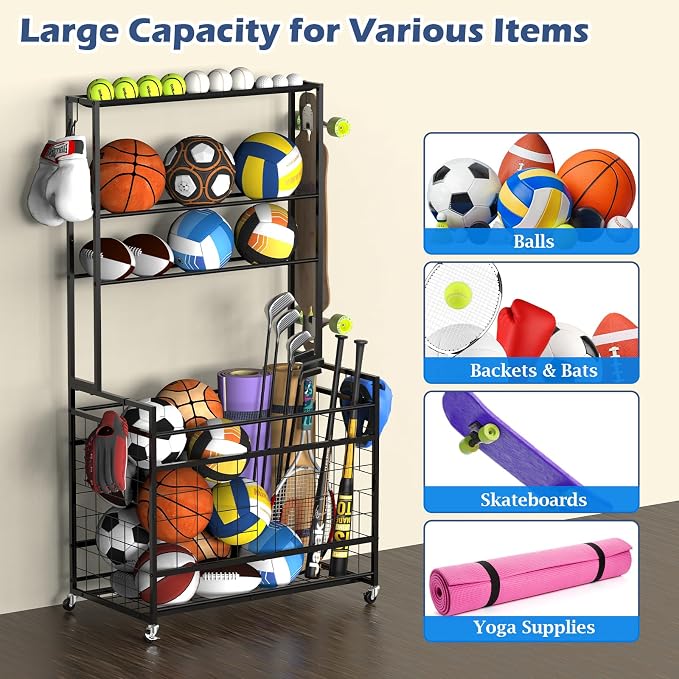 smusei Sports Equipment Organizer Garage Basketball Ball Holder - Image 2