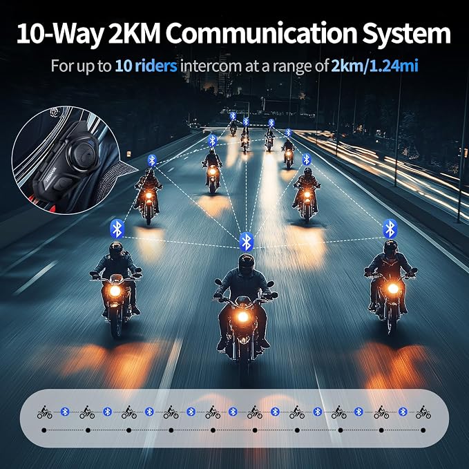 Motorcycle Helmet Bluetooth Headset, 10 Way 2KM Helmet Communication System - Image 4
