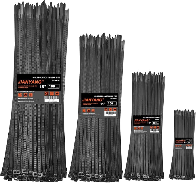 Zip Ties Assorted Size, 8+12+14+18 Inch Double Sided Toothed, 100 LBS Tensile by JIANYANG