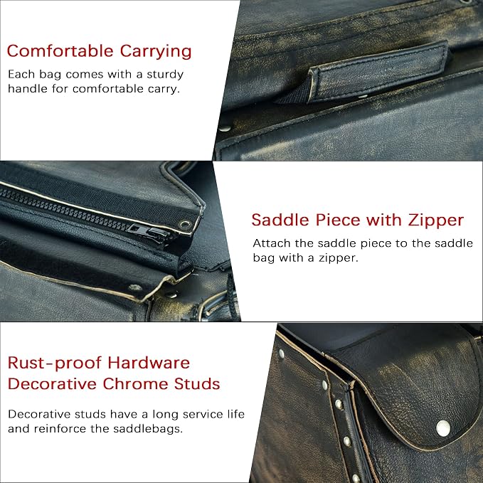 Dream Apparel Naked Cowhide Leather Motorcycle Saddle Bags Studded Throw Over - Image 5